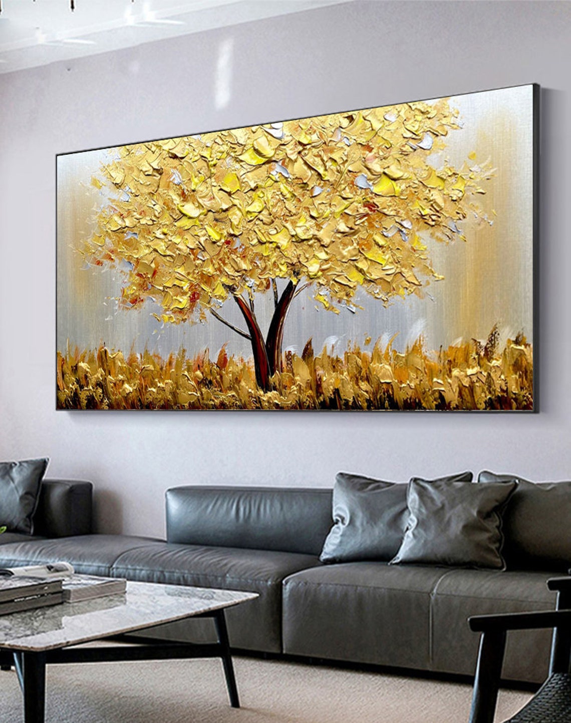 ภาพวาดสีน้ำมันต้นไม้สีทองบนผืน - Plant Parenting บทวิจารณ์และราคา